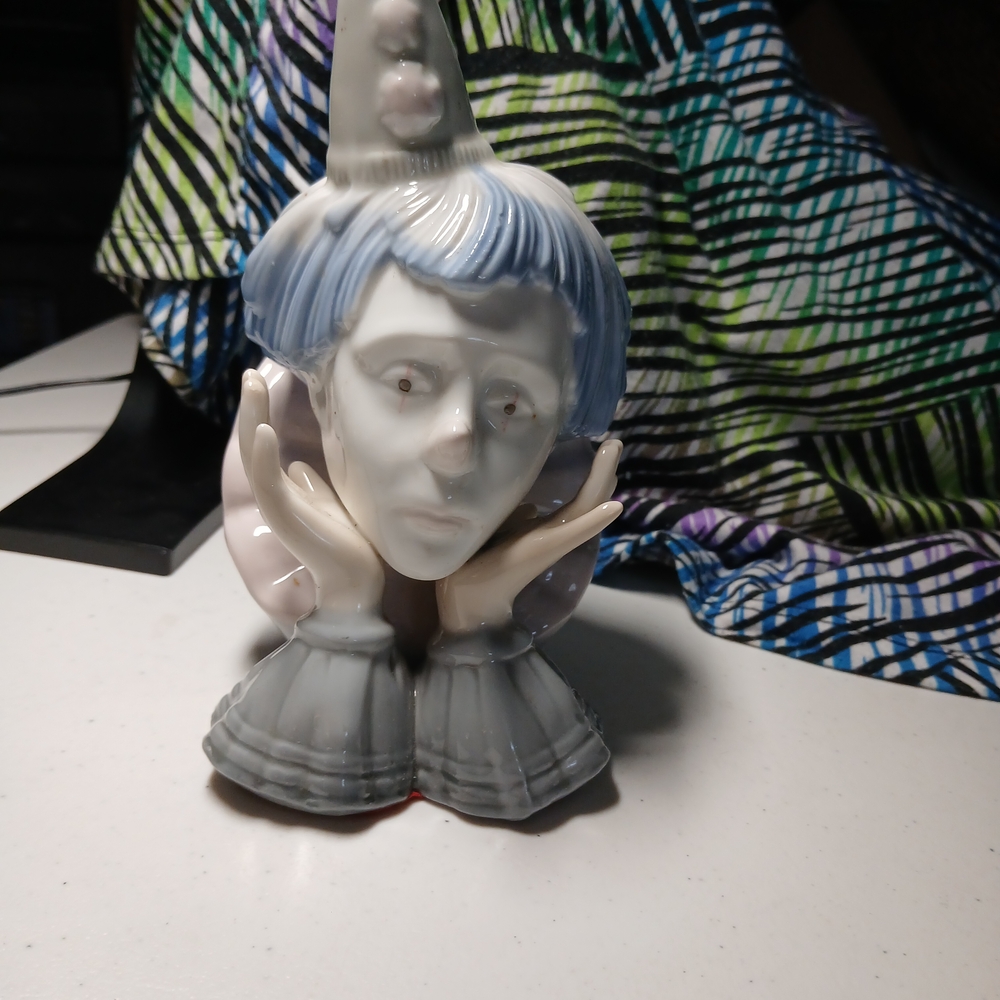 Artistic Ceramic Clown Figurine with Blue and Gray Details